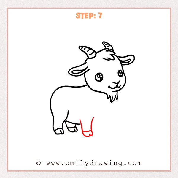 how to draw a cartoon goat - A cartoon goat with head and body complete, now adding a clear front leg under the chest with a split hoof.